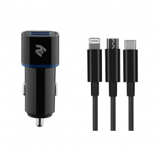 Зарядний пристрій 2E Car 2хUSB 2.4A + кабель 3в1 Lightning/microUSB/Type-C), blac (2E-ACR01-C3IN1)