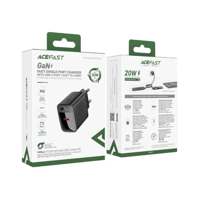 Зарядний пристрій Acefast USB-C 20W + Type-C cable A82 Fast Charger Black (6974316280057)
