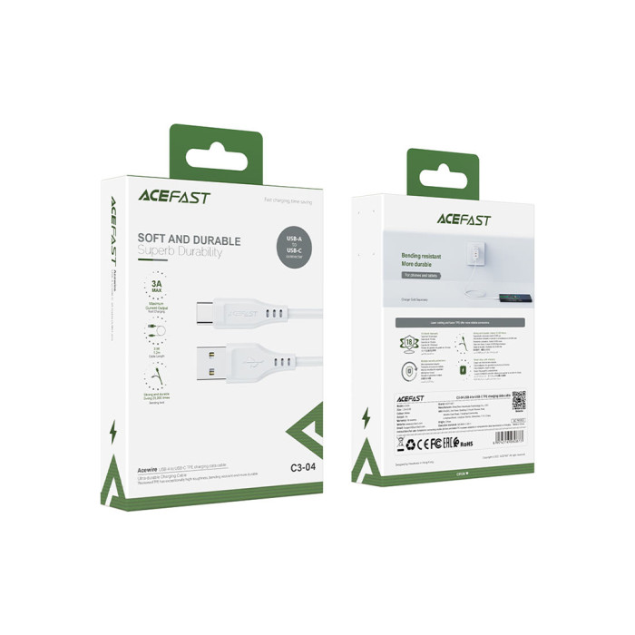 Дата кабель USB 2.0 AM to USB-C 1.2m 3.0A TPE White Acefast (6974316280873)