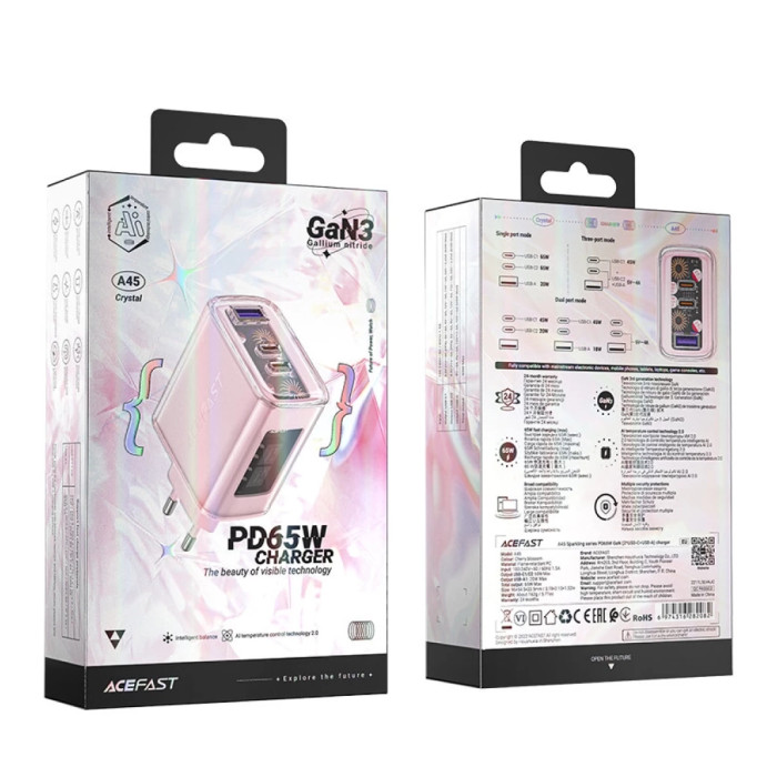 Зарядний пристрій Acefast 3xUSB 65W (2xUSB-C+USB-A) Gan A45 Fast Charger Cherry blossom (6974316282082)
