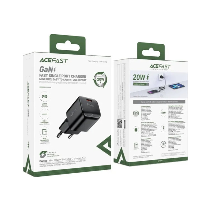 Зарядний пристрій Acefast USB-C 20W Gan A73 mini Fast Charger Black (6974316282648)