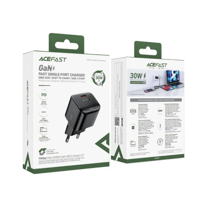 Зарядний пристрій Acefast USB-C 30W Gan A77 mini Fast Charger Black (6974316282662)