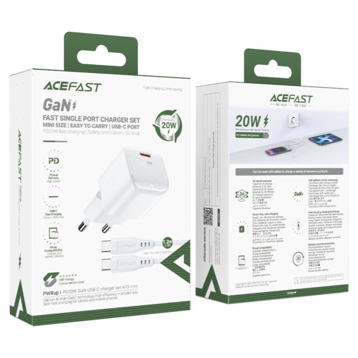 Зарядний пристрій Acefast USB-C 30W Gan A77 mini + USB-C cable Fast Charger White (6974316282853)