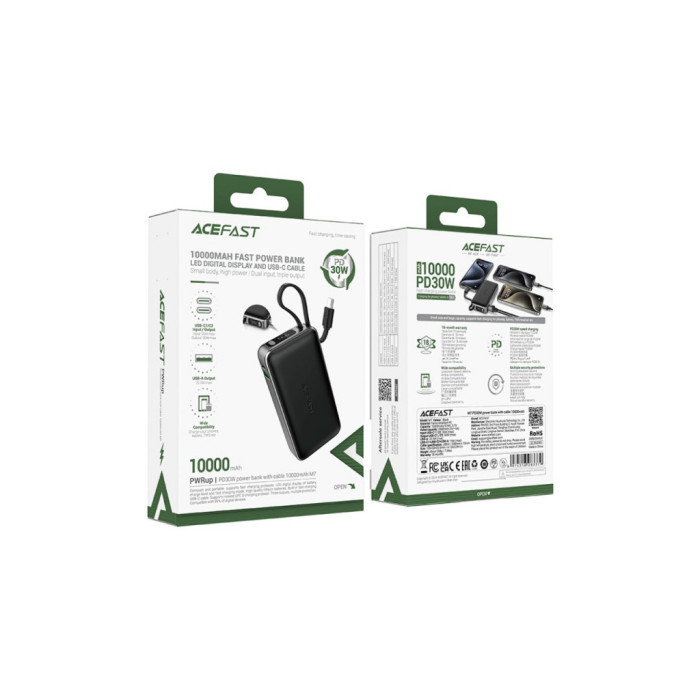 Батарея універсальна Acefast 10000mAh 30W PD, USB-C witch cable, USB-A, Li-Pol, M7 Black (6974316283379)
