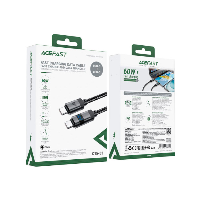 Дата кабель USB-C to USB-C 1.2m 60W digital display C15-03 Black Acefast (6974316283720)