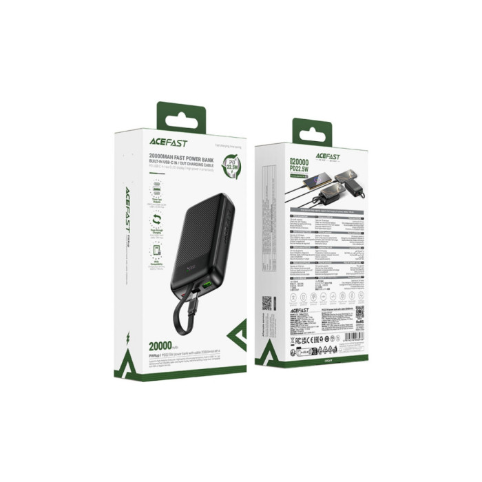 Батарея універсальна Acefast 20000mAh 22,5W PD, QC/3.0 USB-A+USB-C In/Out,build-in cable M14 Black (6974316283966)