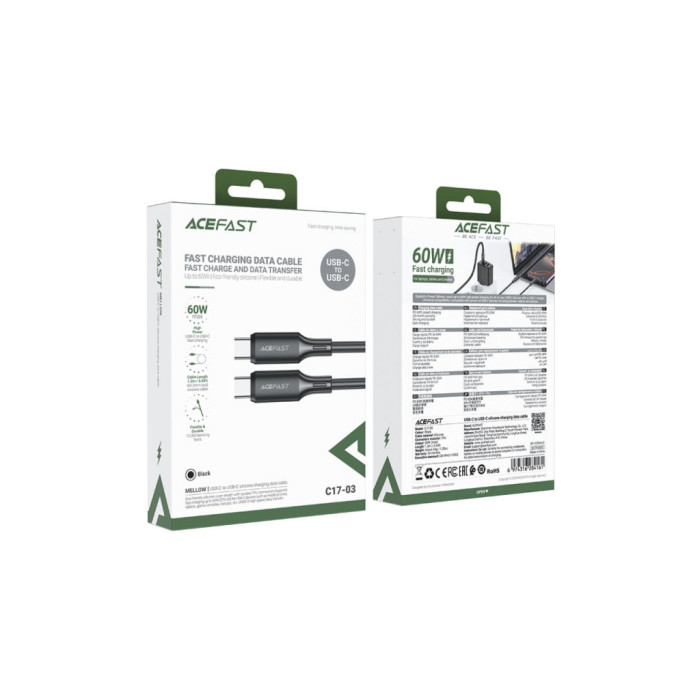 Дата кабель USB-C to USB-C 1.2m 3A 60W silicone black Acefast (6974316284161)