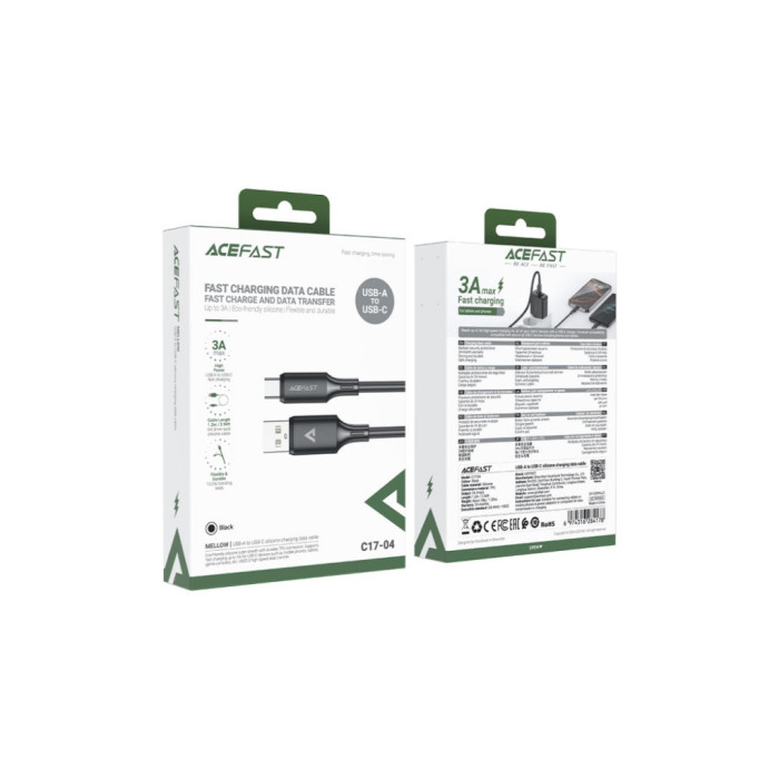 Дата кабель USB 2.0 AM to USB-C 1.2m 3A 60W silicone black Acefast (6974316284178)