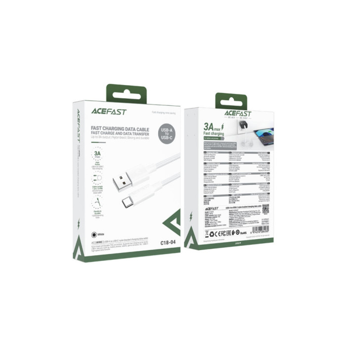 Дата кабель USB 2.0 AM to USB-C 1.2m 3A white Acefast (6974316284260)