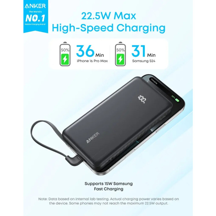 Батарея універсальна Anker 10000mAh, 22.5W, Built-In USB-C Cable, black (A110DH11)
