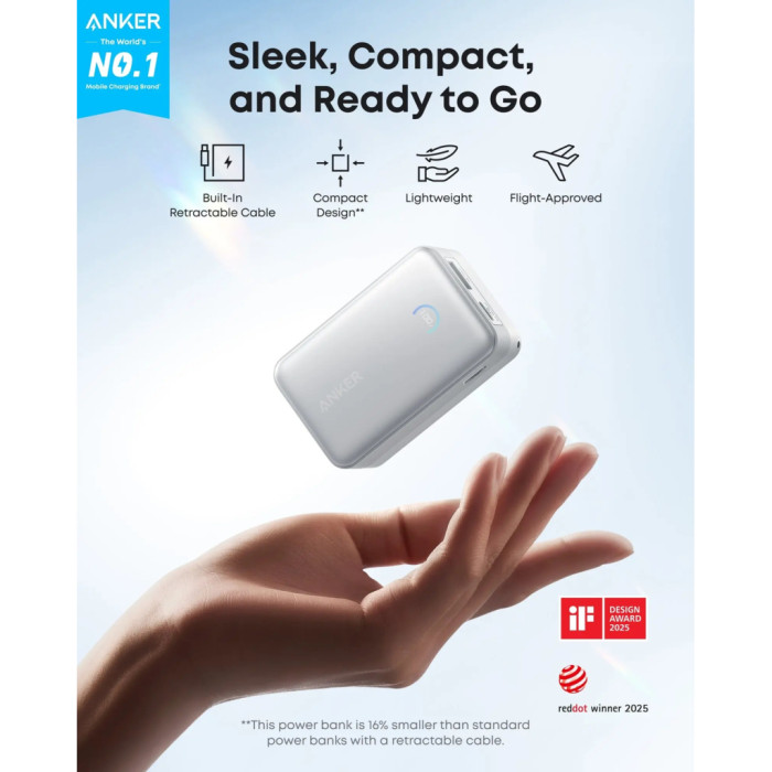 Батарея універсальна Anker Nano 10000mAh, 45W, Built-In USB-C Cable, white (A1638H21)