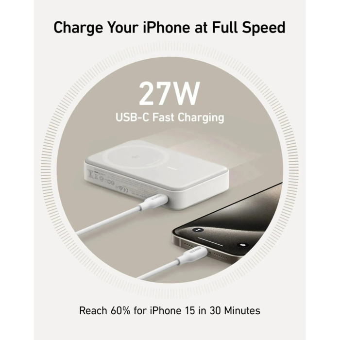 Батарея універсальна Anker MagGo 10000mAh, Qi2/15W, PD, 27W, USB-C, white (A1654G21)