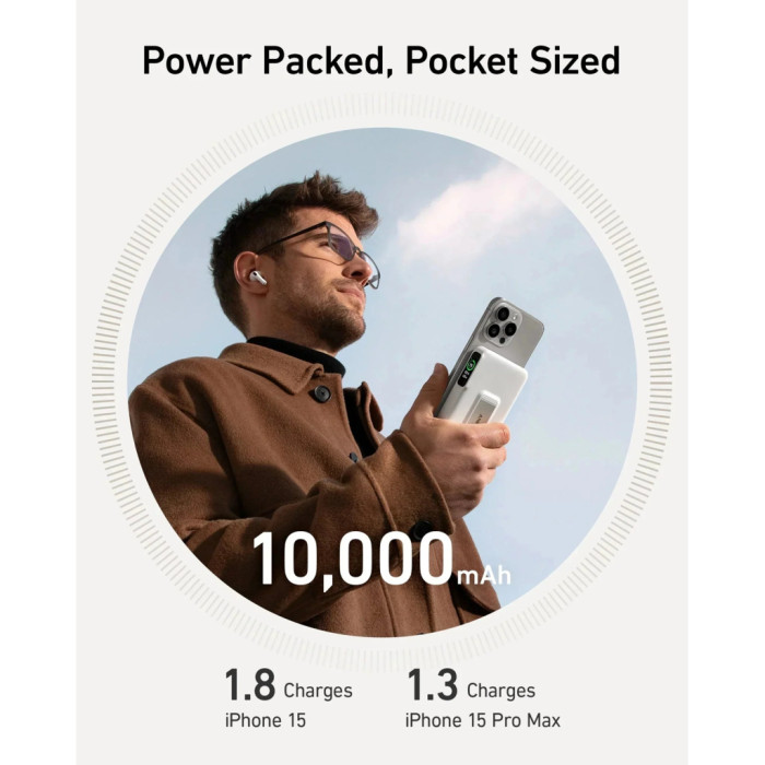 Батарея універсальна Anker MagGo 10000mAh, Qi2/15W, PD, 27W, USB-C, white (A1654G21)