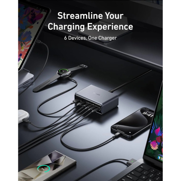 Зарядний пристрій Anker GaNPrime 200W 4xUSB-C PD + 2xUSB-A Black (A2683341)