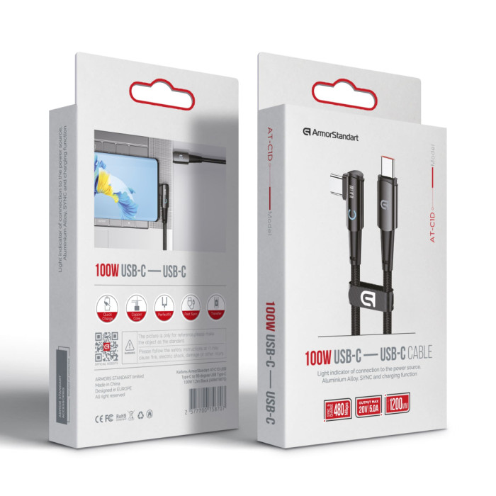 Дата кабель USB-C to USB-C 1.2m 90-degree 100W black Armorstandart (ARM75870)