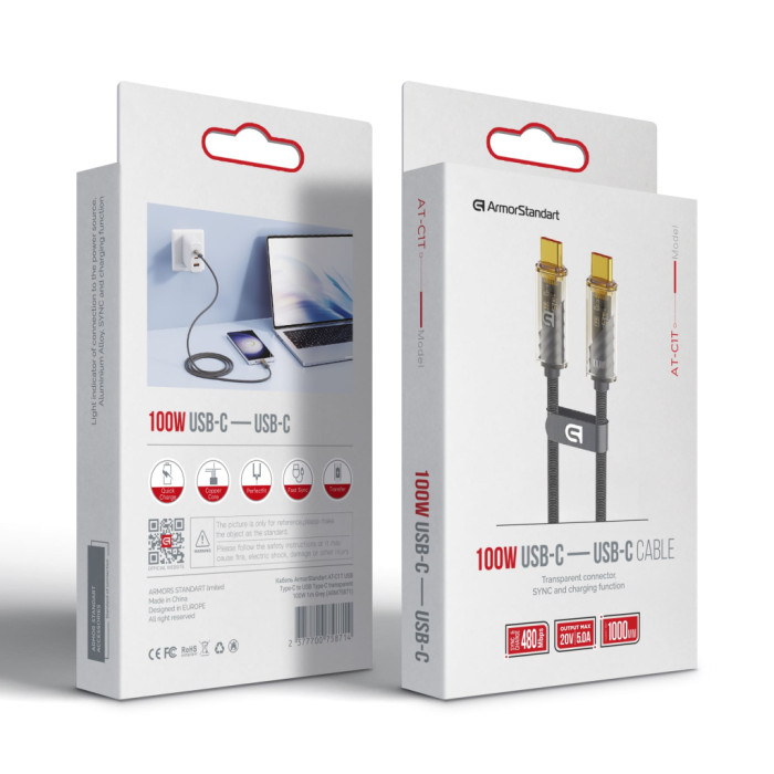 Дата кабель USB-C to USB-C 1.0m transparent 100W grey Armorstandart (ARM75871)