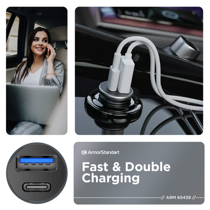 Зарядний пристрій Armorstandart USB Type-C PD20W + USB QC 3.0 Grey + cable Lightning (ARM82460)