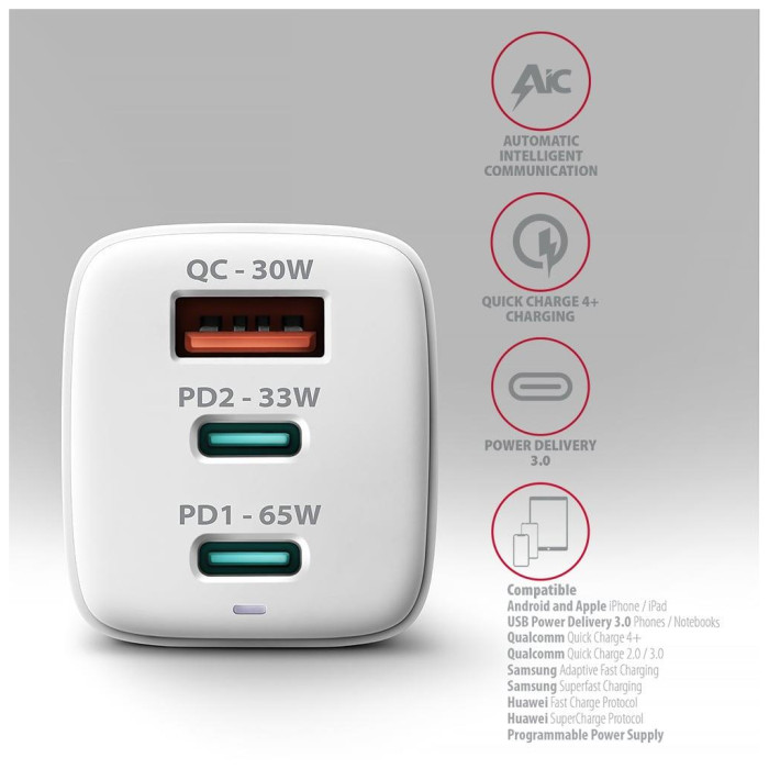 Зарядний пристрій AXAGON 1xUSB + 2xUSB-C 65W QC4+ PD3.0 PPS white (ACU-DPQ65W)