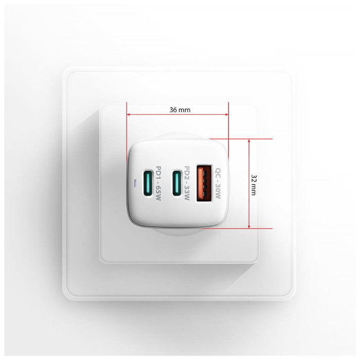 Зарядний пристрій AXAGON 1xUSB + 2xUSB-C 65W QC4+ PD3.0 PPS white (ACU-DPQ65W)