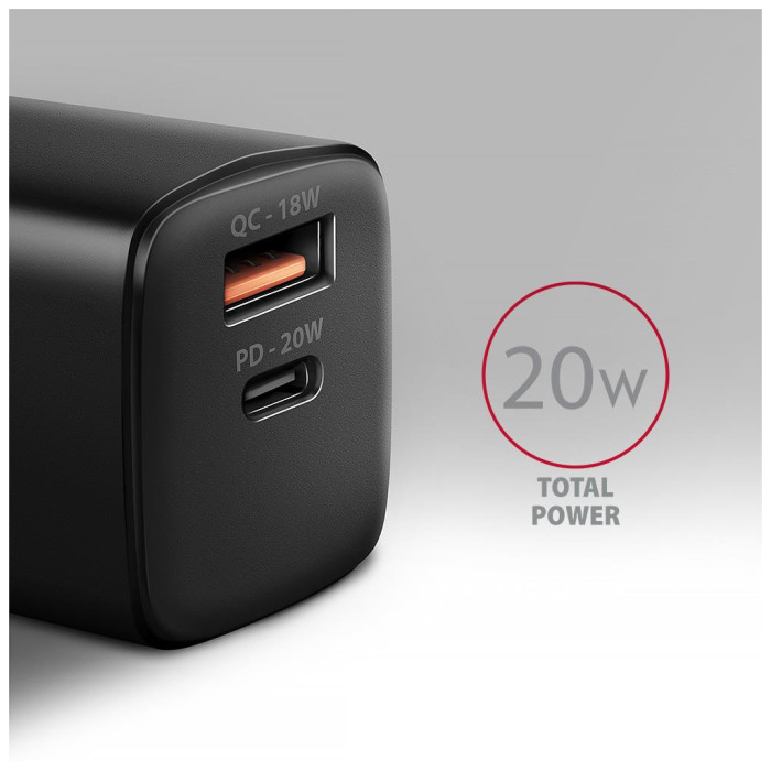 Зарядний пристрій AXAGON 1xUSB QC3.0 + 1xUSB-C PD20W black (ACU-PQ20)