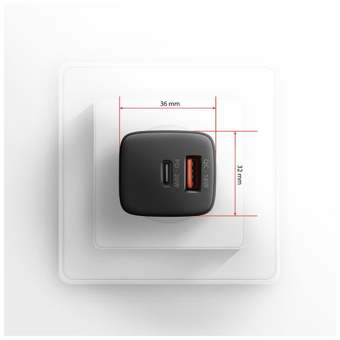 Зарядний пристрій AXAGON 1xUSB QC3.0 + 1xUSB-C PD20W black (ACU-PQ20)