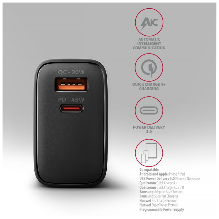 Зарядний пристрій AXAGON 1xUSB QC4.0 + 1xUSB-C PD45W PPS black (ACU-PQ45)