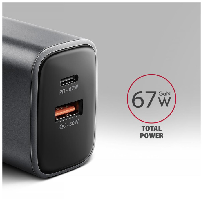 Зарядний пристрій AXAGON 1xUSB-C PD67W + 1xUSB QC4+ PPS gray (ACU-PQ67)
