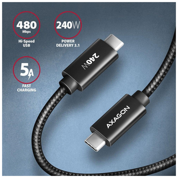 Дата кабель USB-C to USB-C 2.0m USB 2.0 PD 240W 5A black AXAGON (BUCM2-CM20AB)