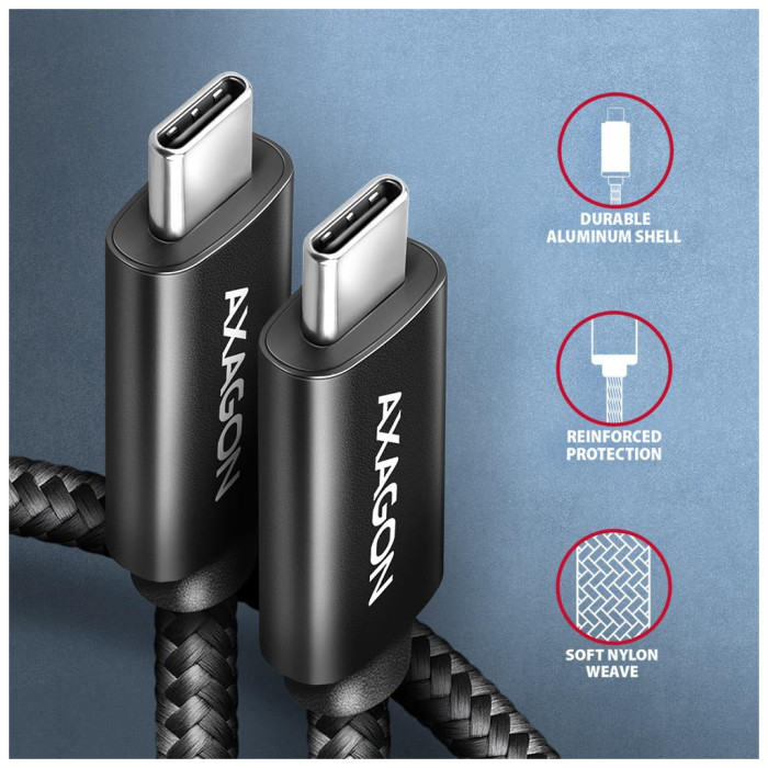 Дата кабель USB-C to USB-C 2.5m USB 2.0 PD 240W 5A black AXAGON (BUCM2-CM25AB)