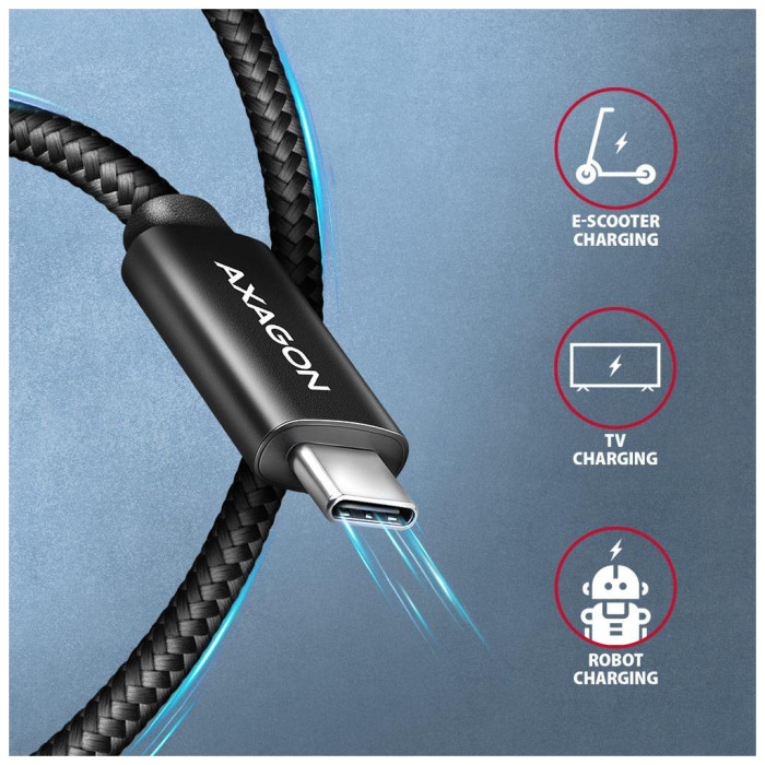 Дата кабель USB-C to USB-C 2.5m USB 2.0 PD 240W 5A black AXAGON (BUCM2-CM25AB)