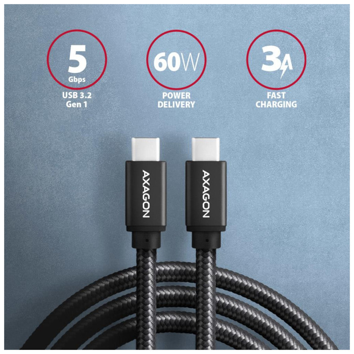 Дата кабель USB-C to USB-C 1.0m v3.2 Gen 1 PD 60W 3A black AXAGON (BUCM3-CM10AB)