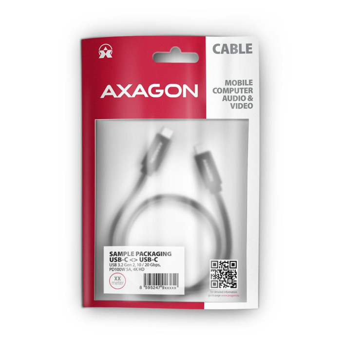 Дата кабель USB-C to USB-C 2.0m USB 3.2 Gen 2 PD 100W 5A 4K black AXAGON (BUCM32-CM20AB)