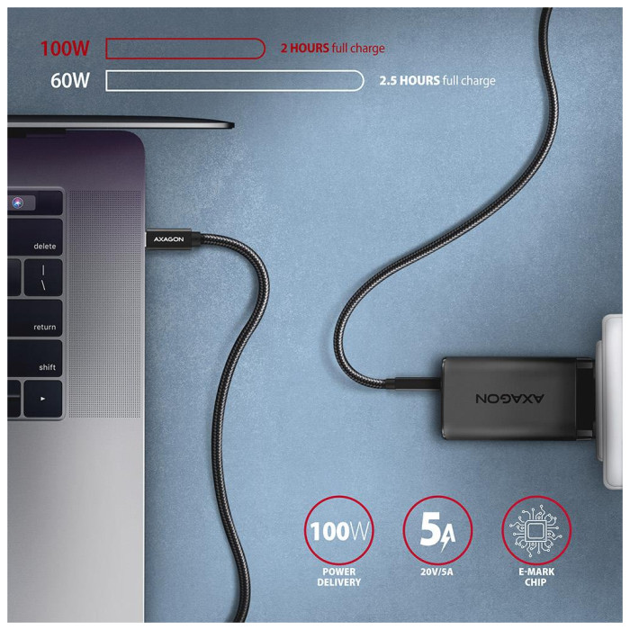 Дата кабель USB-C to USB-C 2.0m USB 3.2 Gen 2 PD 100W 5A 4K black AXAGON (BUCM32-CM20AB)