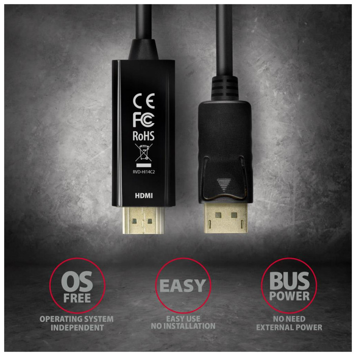 Кабель мультимедійний HDMI M to DisplayPort M 1.8m 4K30Hz black AXAGON (RVD-HI14C2)
