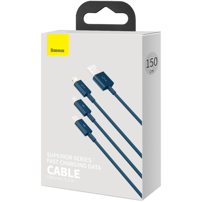 Дата кабель USB 2.0 AM to Lightning + Micro 5P + Type-C 1.5m 3.5A blue Baseus (CAMLTYS-03)