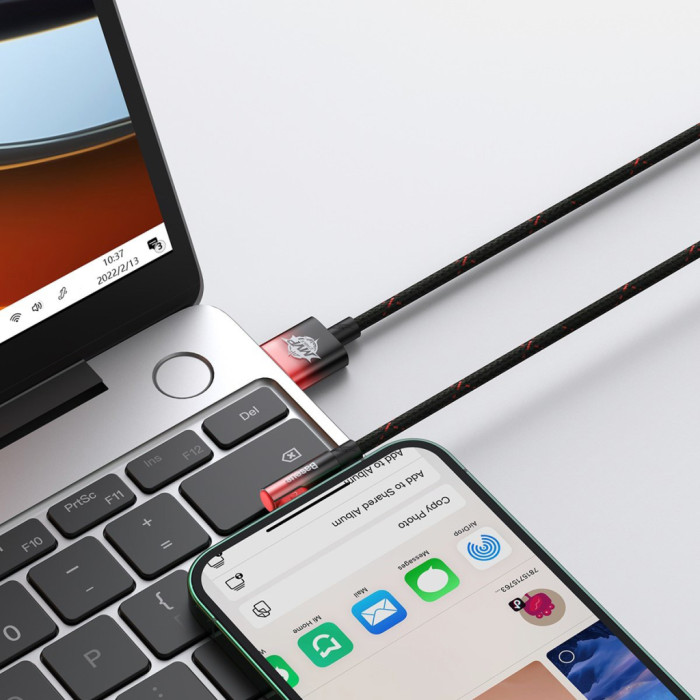 Дата кабель USB 2.0 AM to Lightning 2.0m 2.4A 90° corner black/red Baseus (CAVP000120)