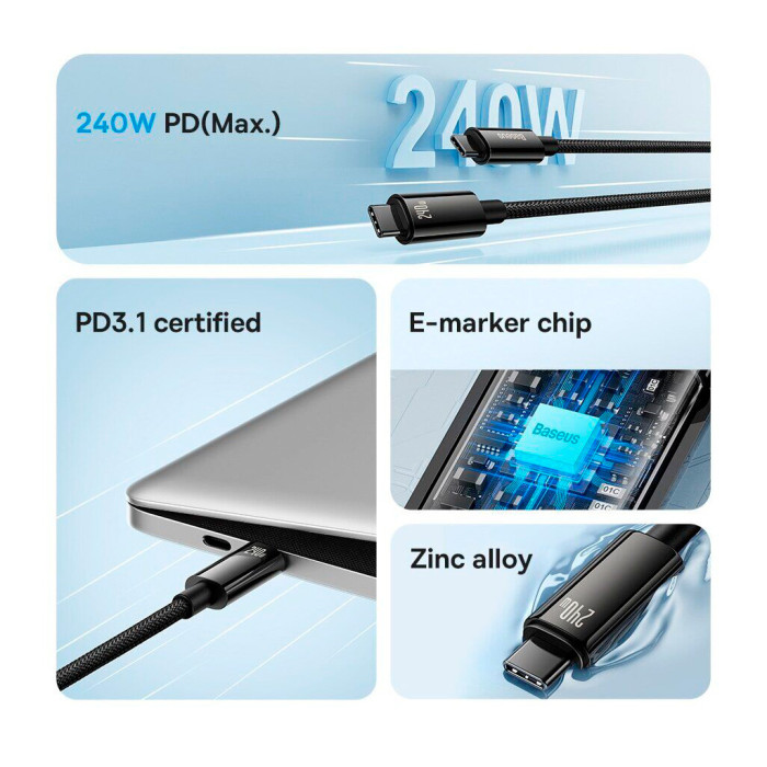 Дата кабель USB-C to USB-C 2.0m 240W Black Baseus (CAWJ040101)
