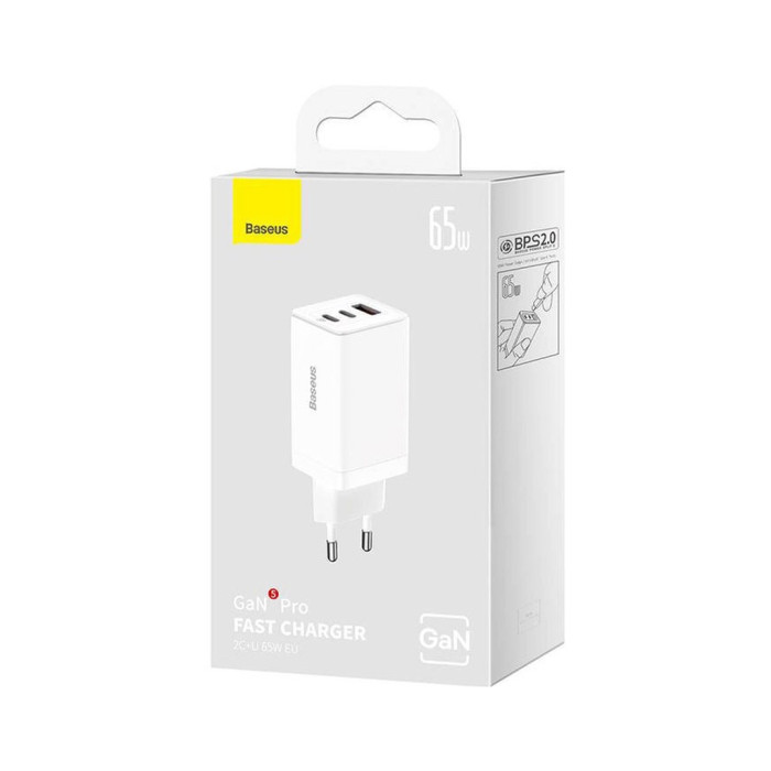 Зарядний пристрій Baseus 2xUSB-C 65W + 1xUSB GaN + cable USB-C to USB-C 100W 1.0m white (CCGP120202)