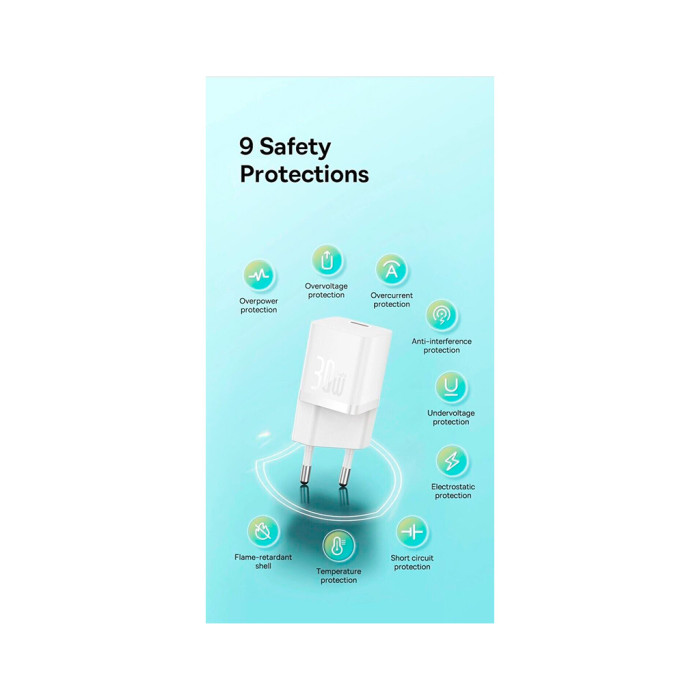 Зарядний пристрій Baseus GaN5 Fast Charger USB-C 30W + Cable 1.0m Type-C 100W white (P10110902213-00)