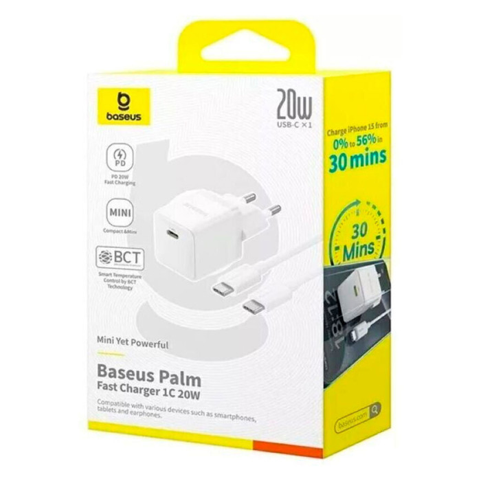 Зарядний пристрій Baseus 1xUSB-C 20W + 1xUSB white + cable USB-C to USB-C 60W 1.0m (P10111608213-01)