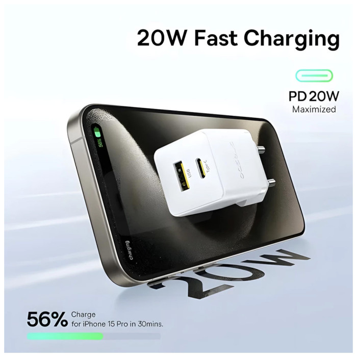 Зарядний пристрій Baseus 1xUSB-C 20W + 1xUSB white + cable USB-C to USB-C 60W 1.0m (P10111608213-01)