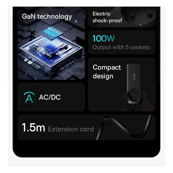 Зарядний пристрій Baseus AC + 2xUSB-C 100W + 2xUSB + cable USB-C to USB-C 100W 1.0m black (PSZM000401)