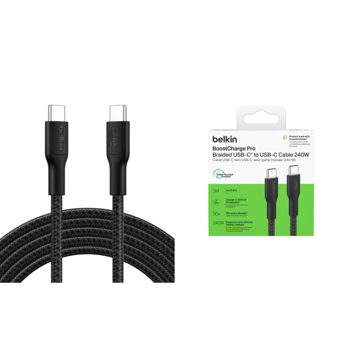 Дата кабель USB-C to USB-C 3.0m 240W black Belkin (CAB025HQ3MBK)
