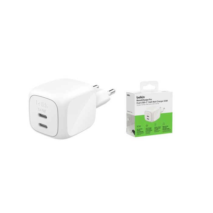 Зарядний пристрій Belkin 2xUSB-C PD50W GaN PPS white (WCH019KQWH)