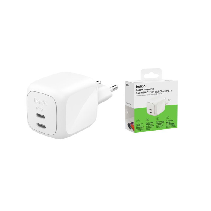 Зарядний пристрій Belkin 2xUSB-C PD67W GaN PPS white (WCH020KQWH)