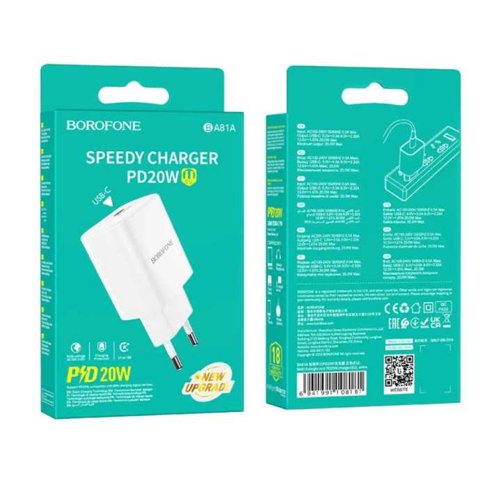 Зарядний пристрій BOROFONE 1xUSB-C PD20W BA81A white (6941991108181)