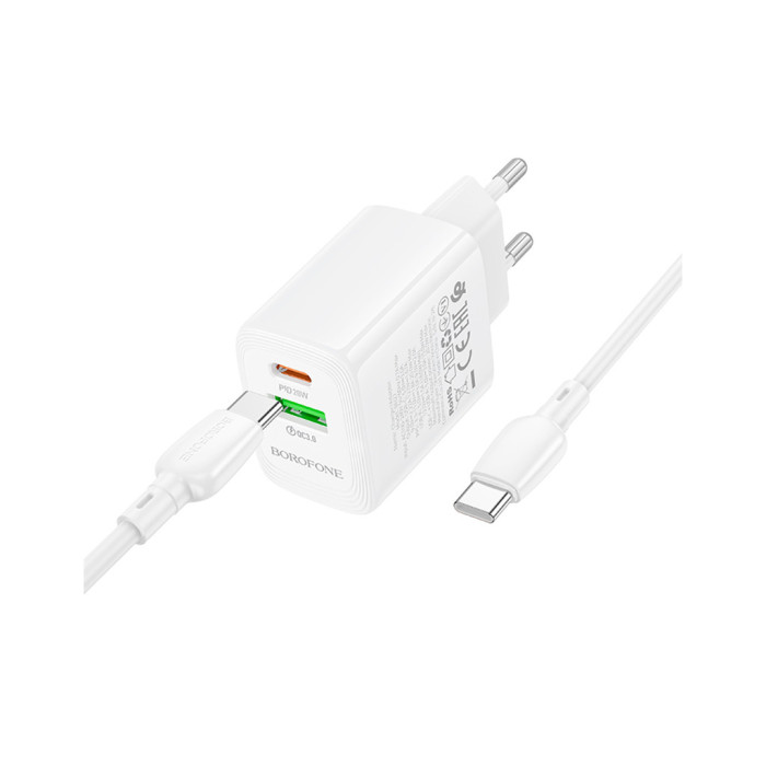 Зарядний пристрій BOROFONE BN27 Fuente 1xUSB-C PD20W + 1xUSB QC3.0 + cable USB-C to USB-C White (6941991120282)