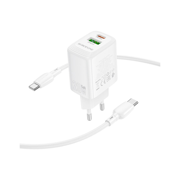 Зарядний пристрій BOROFONE BN27 Fuente 1xUSB-C PD20W + 1xUSB QC3.0 + cable USB-C to USB-C White (6941991120282)