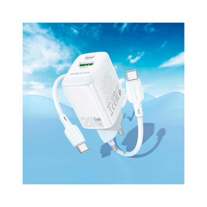 Зарядний пристрій BOROFONE BN27 Fuente 1xUSB-C PD20W + 1xUSB QC3.0 + cable USB-C to USB-C White (6941991120282)