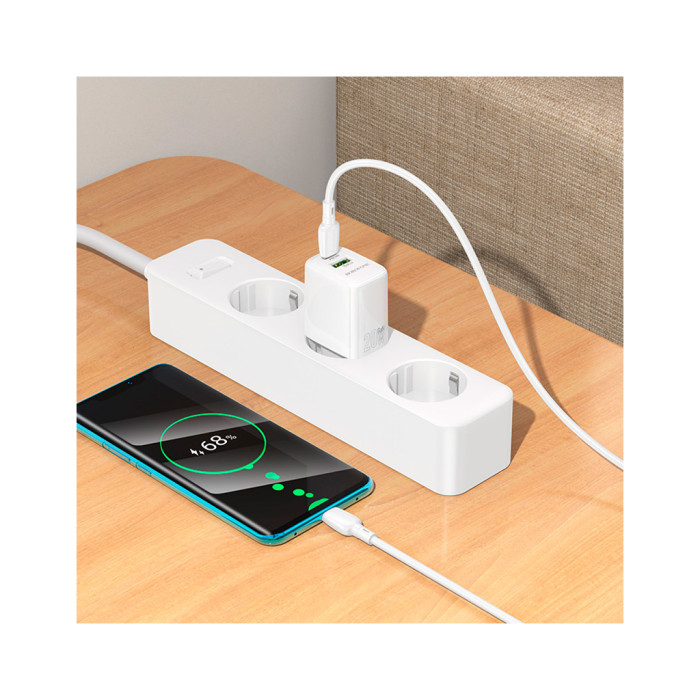 Зарядний пристрій BOROFONE BN27 Fuente 1xUSB-C PD20W + 1xUSB QC3.0 + cable USB-C to USB-C White (6941991120282)
